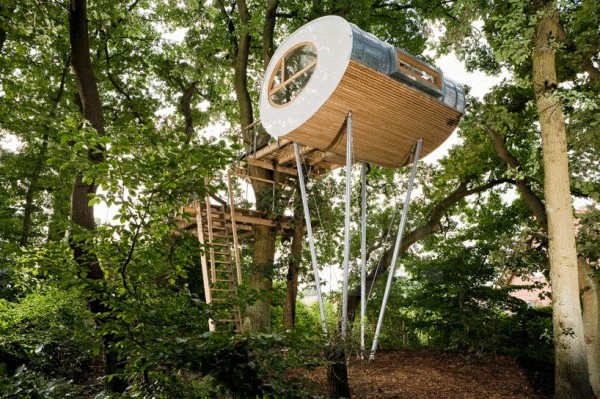 Эллипсовидный домик в лесу на шестиметровых опорах