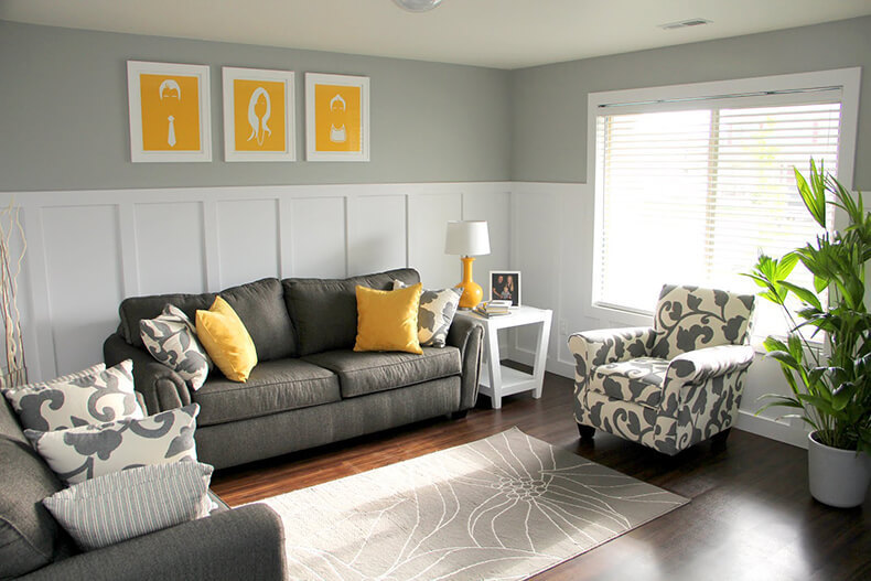 Идеи для дизайна гостиной: смелое сочетание серого и желтого