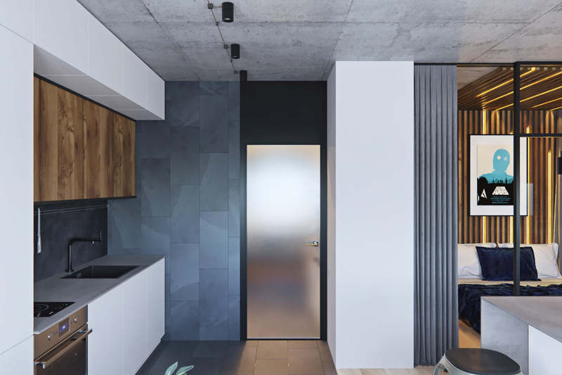 Современный интерьер с элементами лофта для холостяка от студии Geometrium